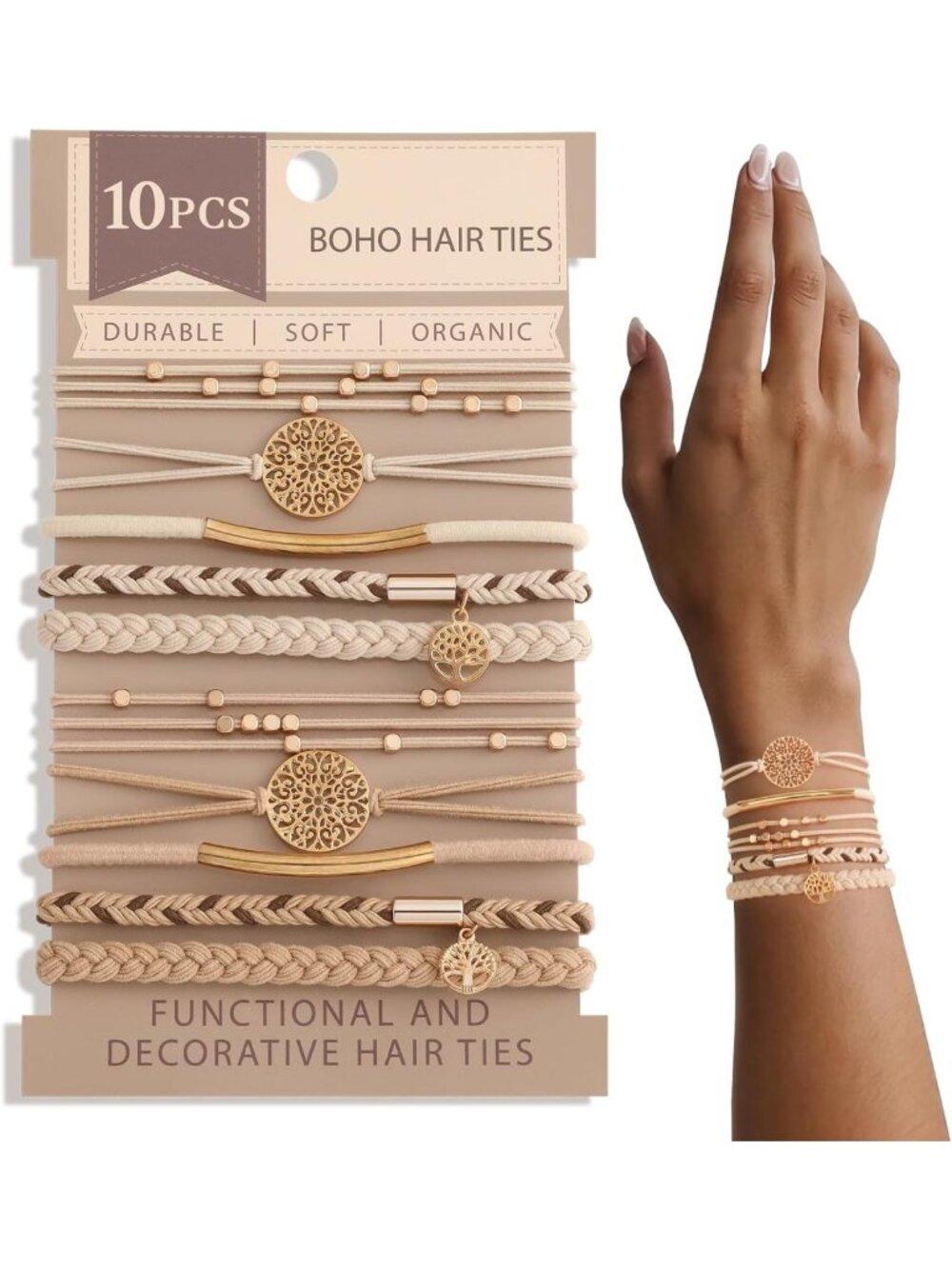 10 Boho Bracelets & Hair Ties, Braided Stretch for Thick/Thin Hair, 5 Styles
